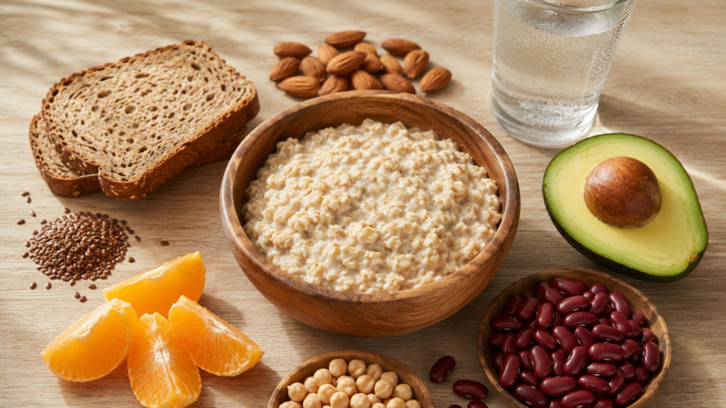 Bowl of oats, avocado, citrus, beans and water for regular bowel movements
