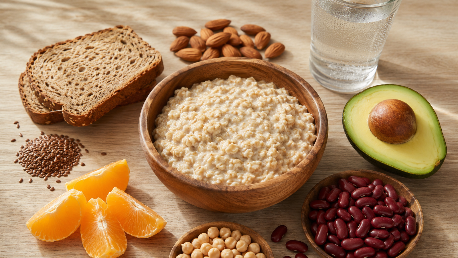 Bowl of oats, avocado, citrus, beans and water for regular bowel movements