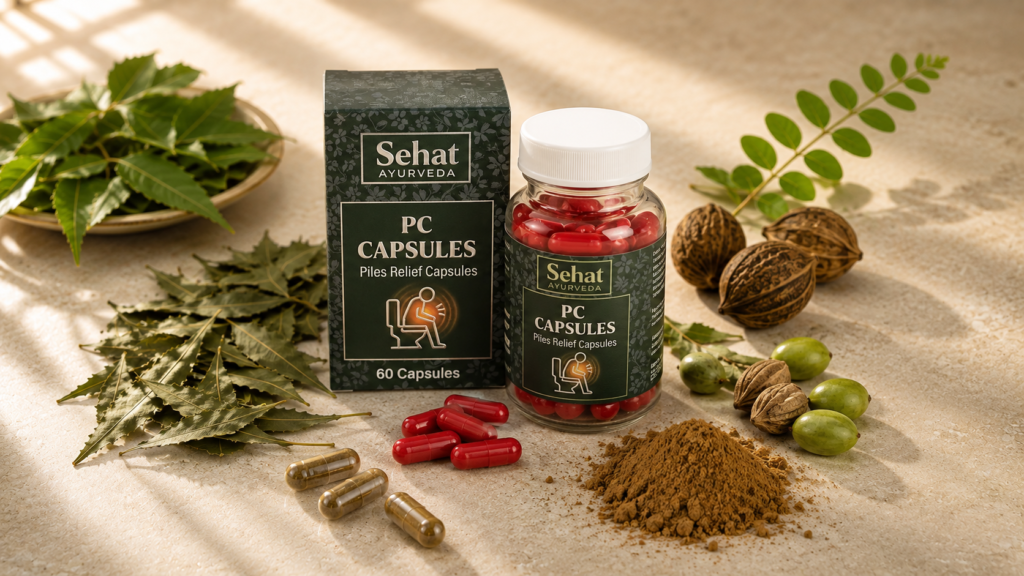 Herbal piles capsules bottle surrounded by neem leaves, haritaki fruit, and herbal extract powder